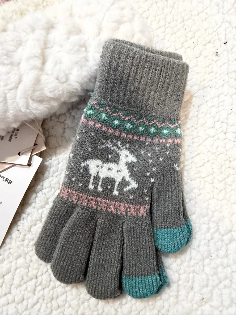 Girls Plush Reindeer Beanie with Knit Gloves - White, Brown & Pink size 68